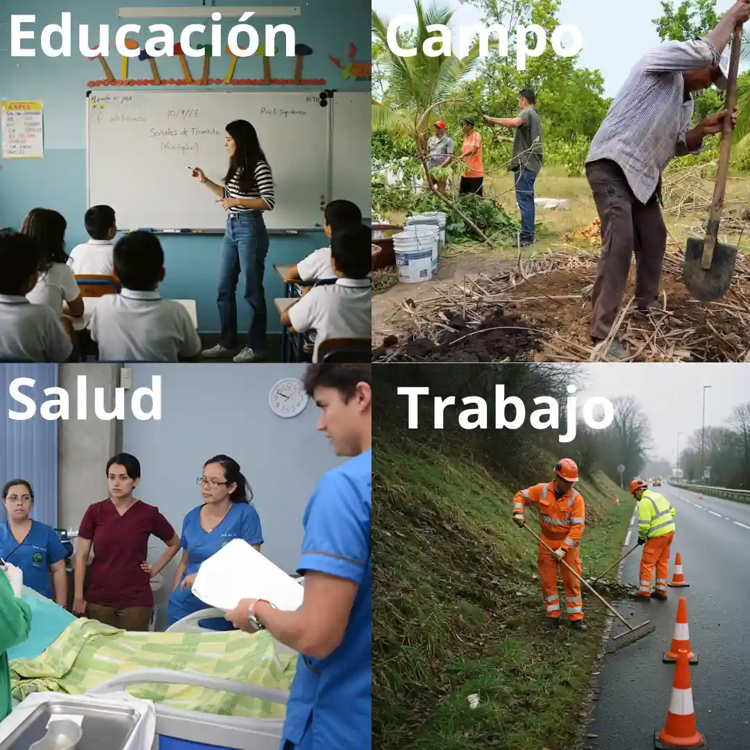 Personas trabajando en áreas clave del desarrollo social en Costa Rica: educación, salud, campo y empleo, representando el compromiso del Movimiento Jaguar con el bienestar del pueblo.
